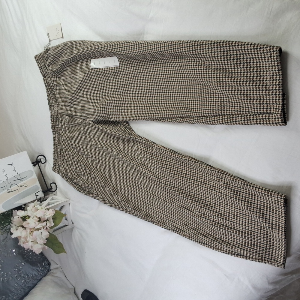 Houndstooth Elastic Waist Women's Trousers - Brown